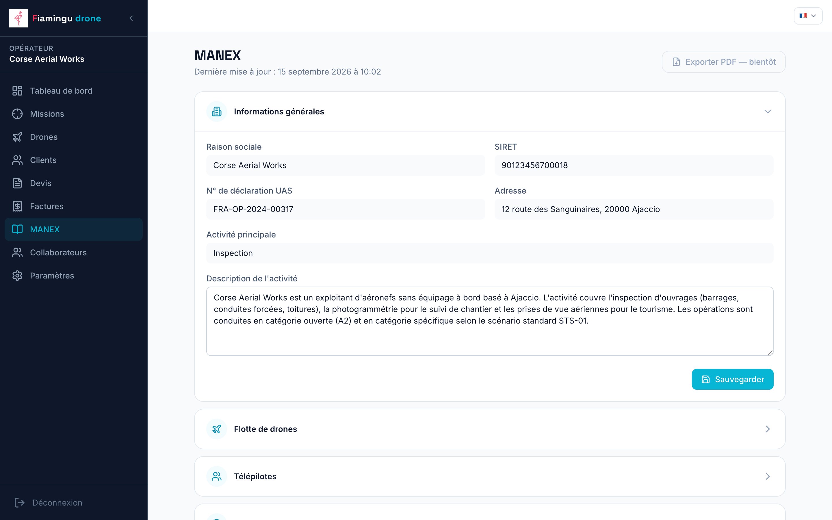 MANEX : informations générales de l’exploitant et sections du manuel.